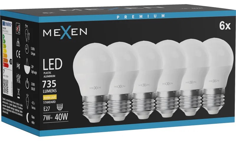 Mexen Nova 6x żarówka LED E27, G45, 7W, Ciepła - 3000K, 735 lm - L101-E27-0730-01x06