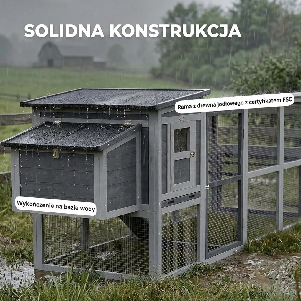 PawHut Kurnik dla 3-4 kur z wybiegem, gniazdem, dachem asfaltowym, osłoną Oxford i szufladą, 264x82x89 cm, szary | Aosom PL