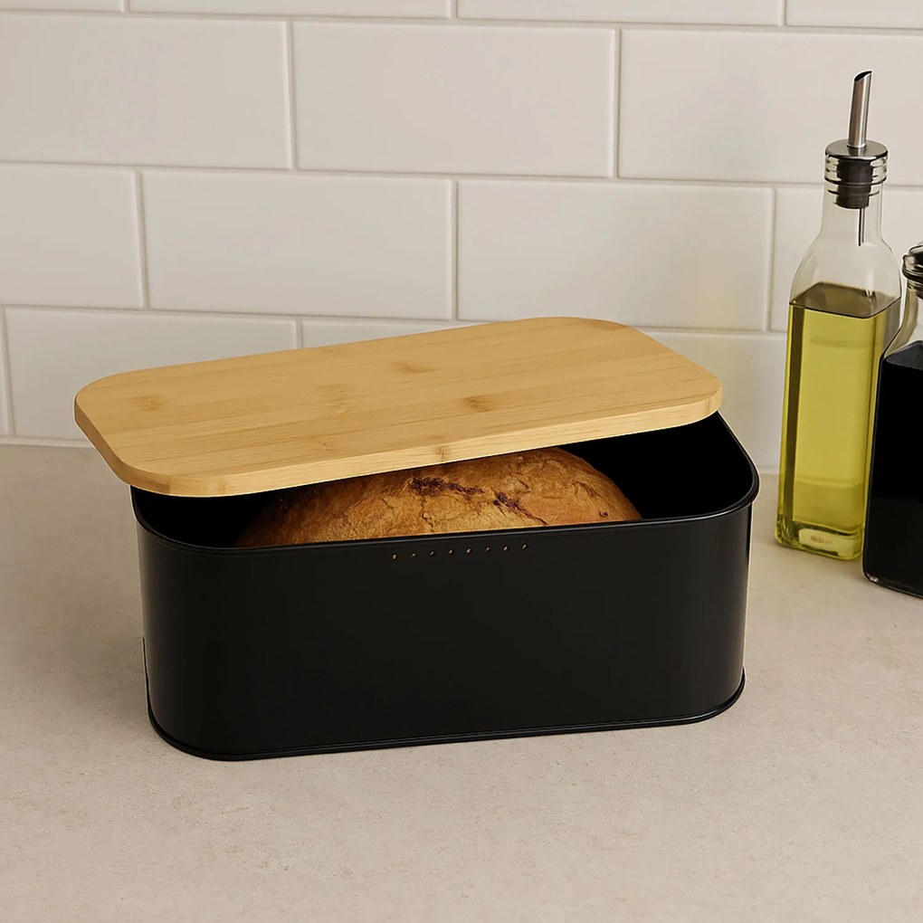 Metalowy chlebak z bambusową pokrywą, 31 x 18 x 12,5 cm