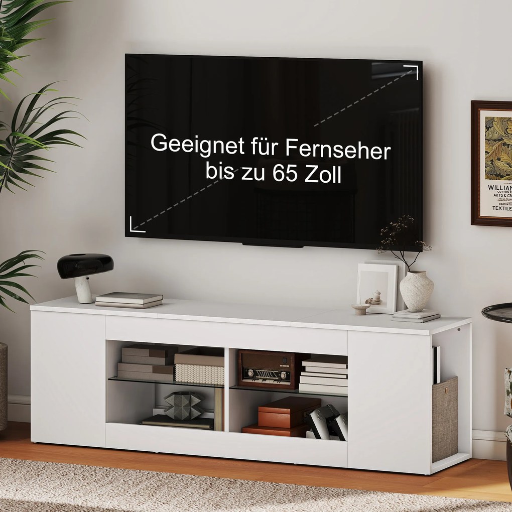 HOMCOM Stojak TV biały szafka RTV 140 cm komoda pod telewizor 6 przegród i 2 półki szklane nowoczesna | Aosom PL