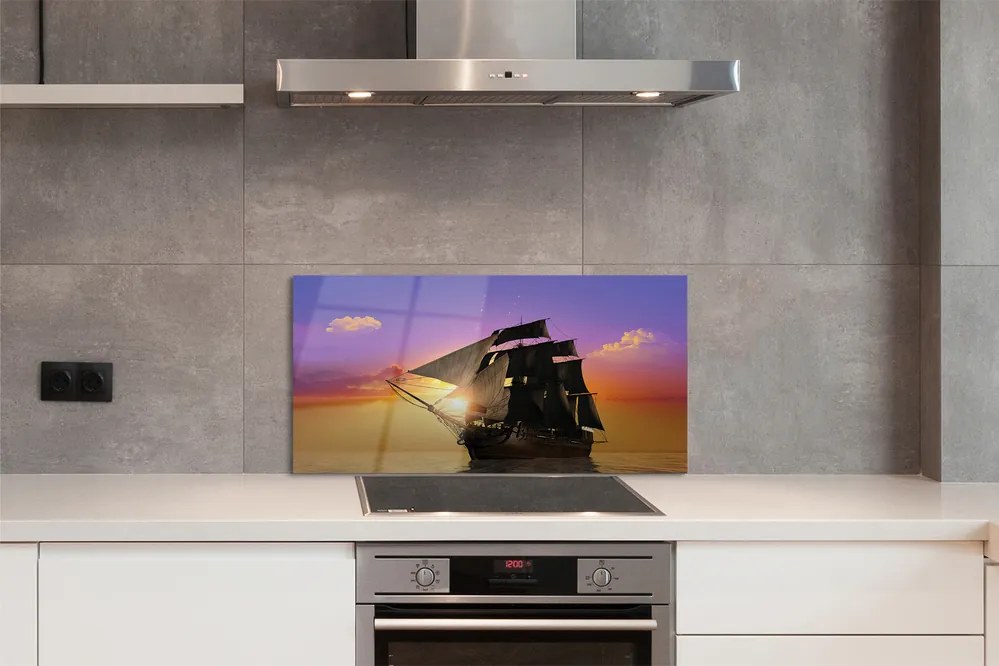 Szkło do Kuchni na Ścianę Statek na tle Kolorowego Nieba