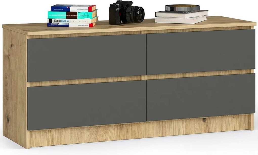 Komoda AKORD K120 Dąb Artisan 120 cm 4 szuflady kolor Grafit Szary mat 120x40x55 cm