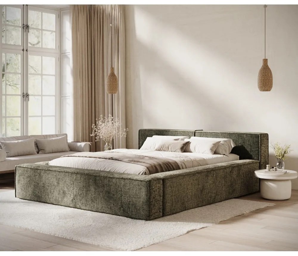 Ciemnozielone tapicerowane łóżko dwuosobowe ze schowkiem i stelażem 160x200 cm Voliera – Maison de Rêve