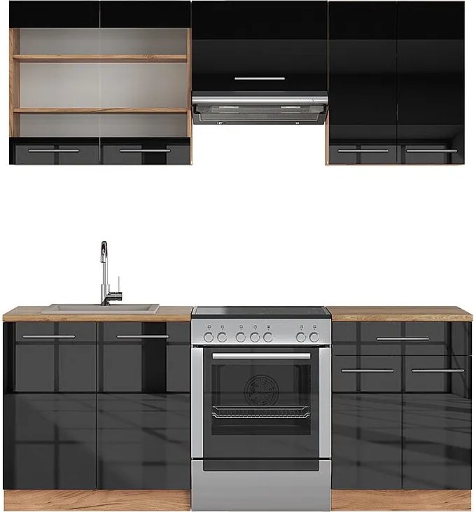 Aneks kuchenny antracytowy wysoki połysk/złoty dąb power 200x60x81.6 fame-line