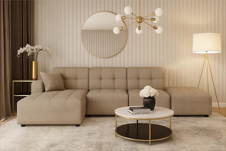 Narożnik z pufą lewostronny Bergamo B  – tkanina Raven 30 beżowa, 341×166×70 cm