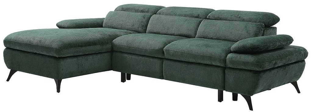 Kanapa narożna rozkładana lewostronna z fakturowanej tkaniny ciemnozielona SURDELI