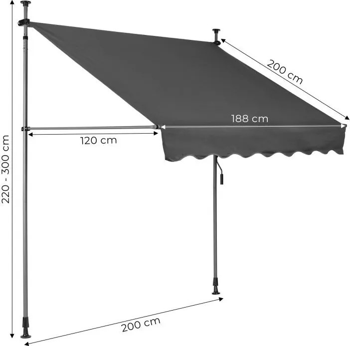 Markiza przeciwsłoneczna regulowana AW-016 na taras, balkon, szara, 200x120 cm