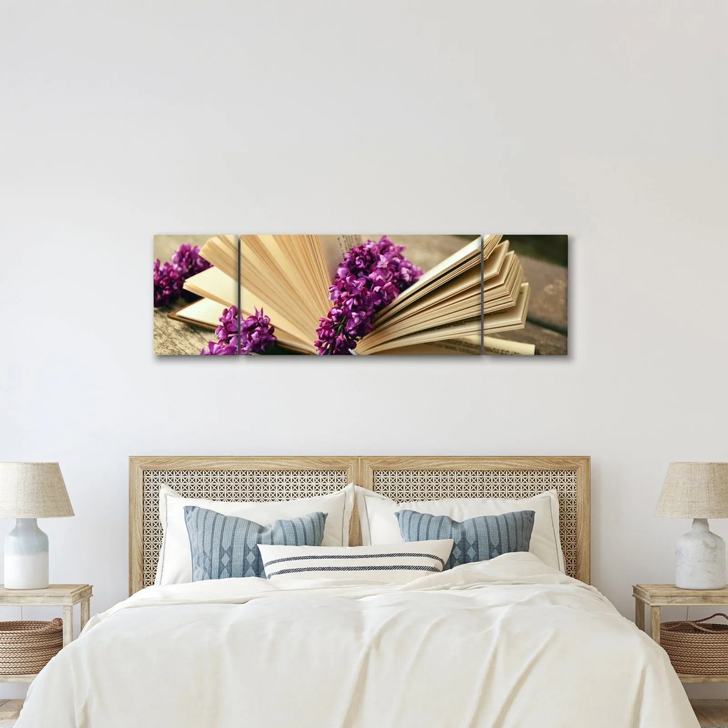 Obraz książki i fioletowych kwiatów (170x50 cm)