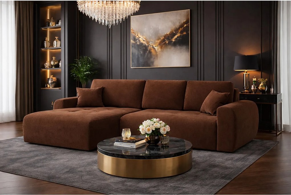 Narożnik w kształcie L z funkcją spania i pojemnikiem Ivo L, tkanina welurowa Salvador, Ciemnobrązowy, Lewy