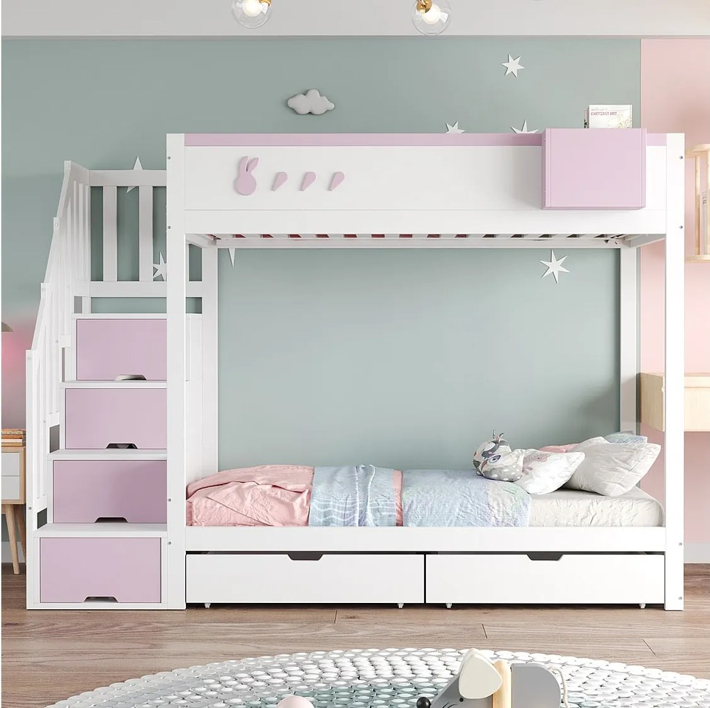 Łóżko piętrowe dla dzieci - 2 x 90 x 200 cm - z drabinką + 2 szuflady - drewno - biały + różowy