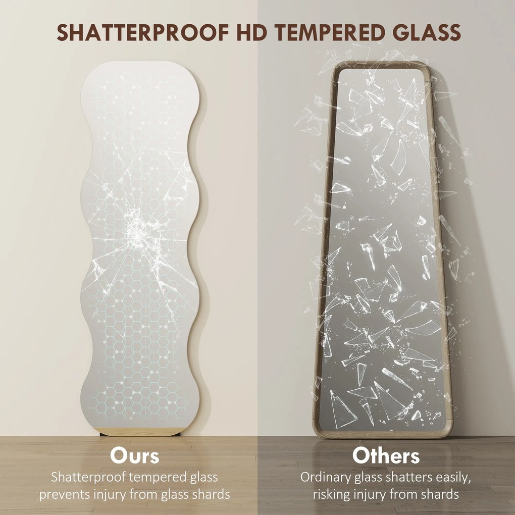 HOMCOM Lustro w całości bez ramy, z podstawą drewnianą, elastyczne umiejscowienie, w kształcie falisty, Czarny