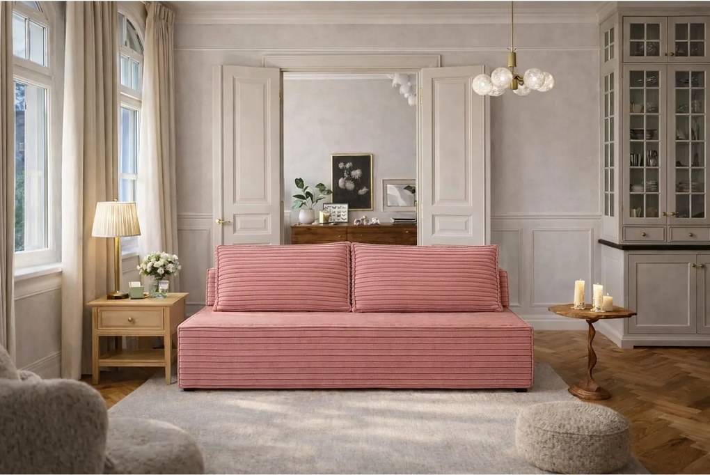 Sofa z funkcją spania i pojemnikiem DUO, tkanina Velo, Różowy