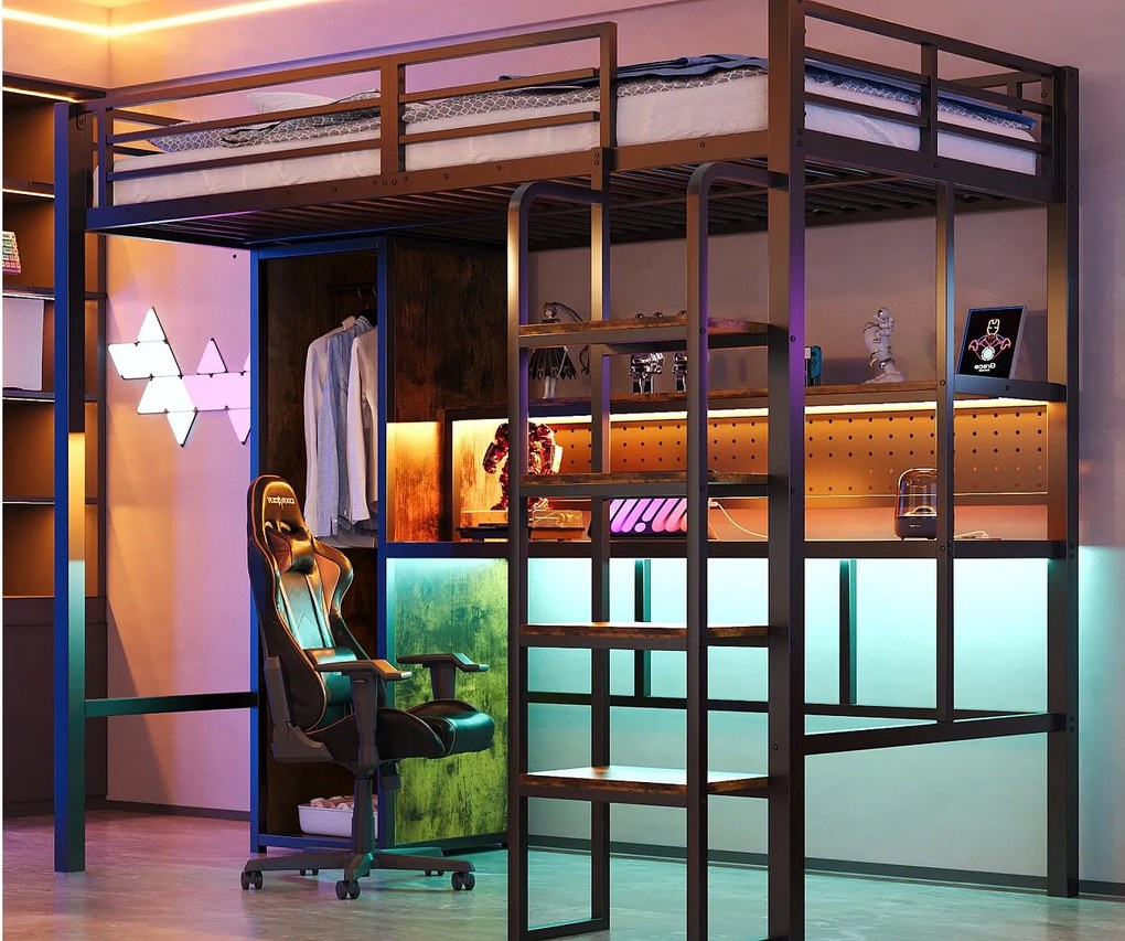 Łóżko na antresoli metalowe 90 x 200 cm - z drabiną - duże biurko z panelem perforowanym - z oświetleniem LED - z szafą - czarny​ (materac nie jest wliczony w cenę)