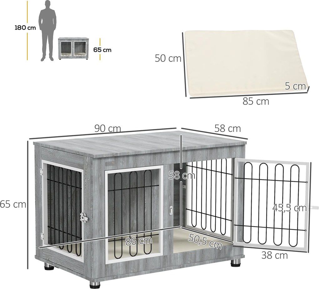 PawHut Klatka dla psa metalowa z wyjmowaną tacką i 2 zamkami 90x58x65 cm szara | Aosom PL