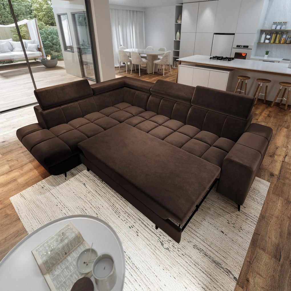 Masseno Narożnik MORIVA z funkcją spania i pojemnikiem na pościel Narozniki L, Rozkładana sofa - Brązowy, MONOLITH 29