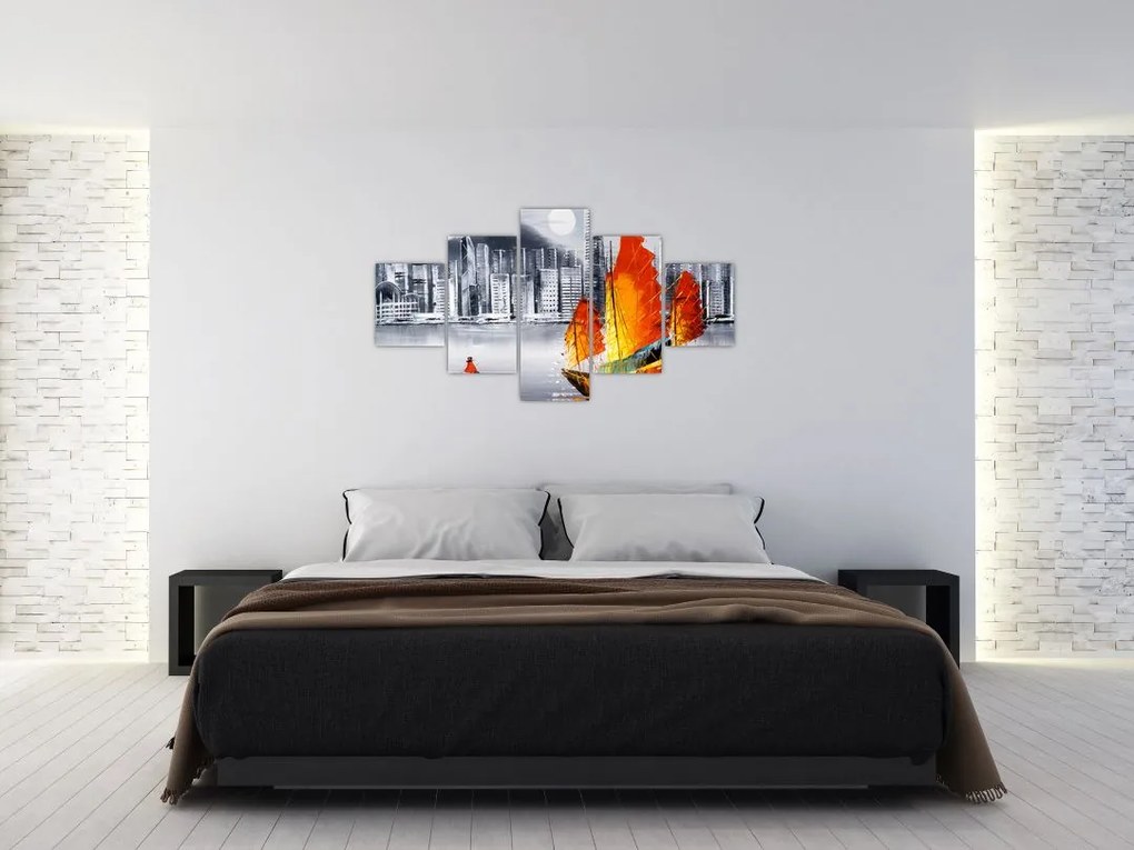 Obraz - Victoria Harbor, Hongkong, czarno-biały obraz olejny (125x70 cm)