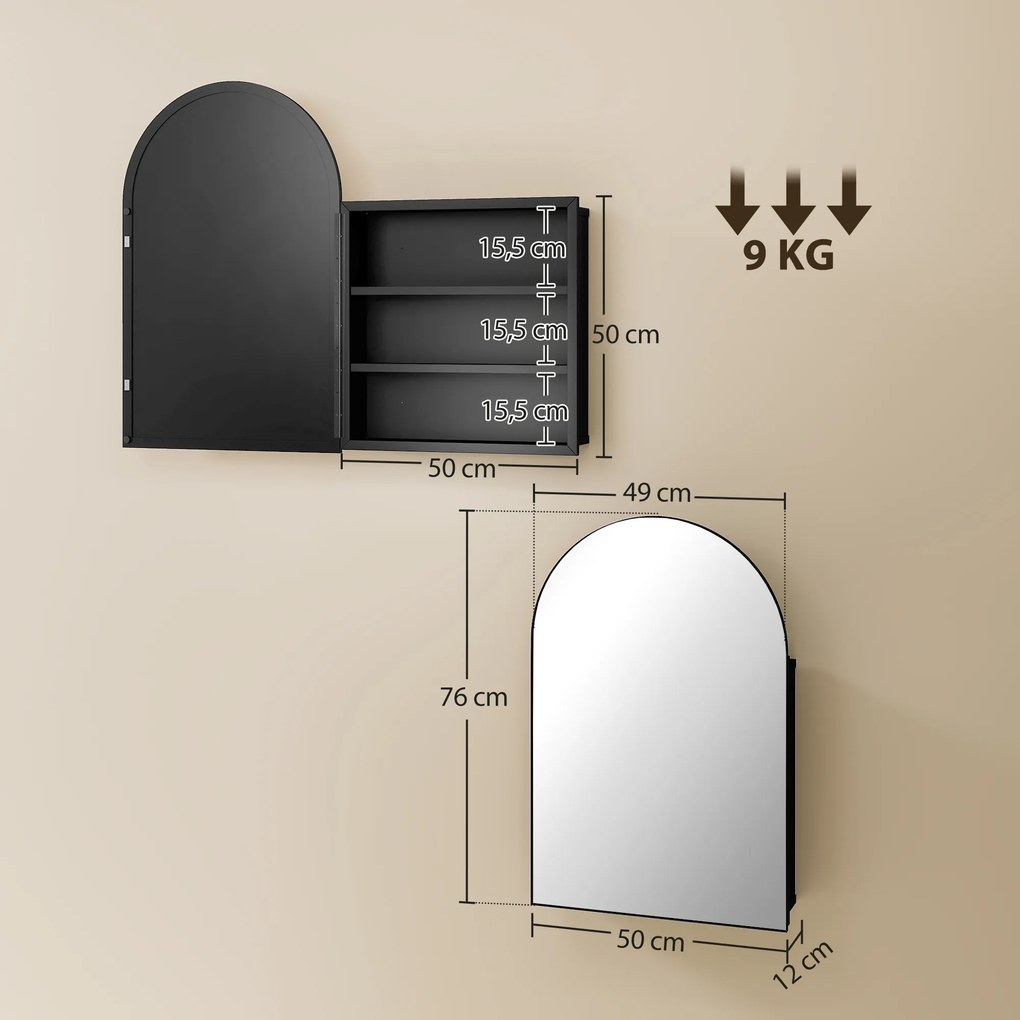 HOMCOM Szafka z lustrem do łazienki, zaokrąglona, drzwi 180°, 3 półki, metal, czarny 50 x 12 x 76 cm | Aosom PL