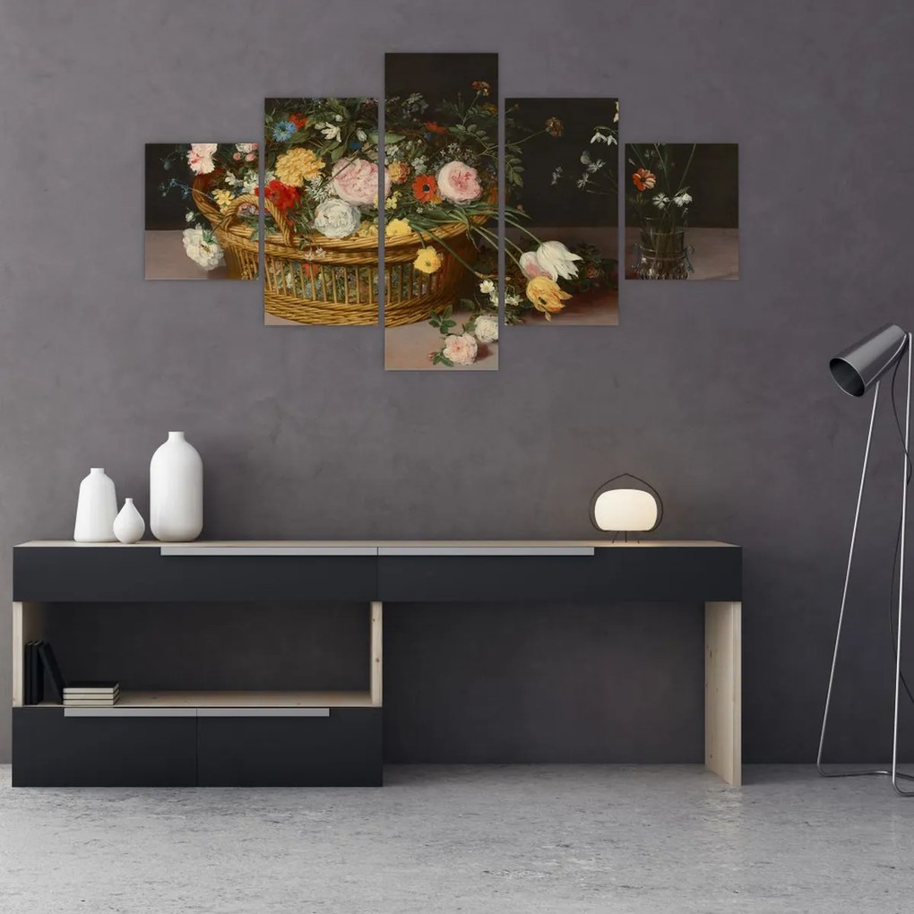 Obraz - Jan Brueghel the Elder, Flowers in a Basket and a Vase, reprodukcje (125x70 cm)