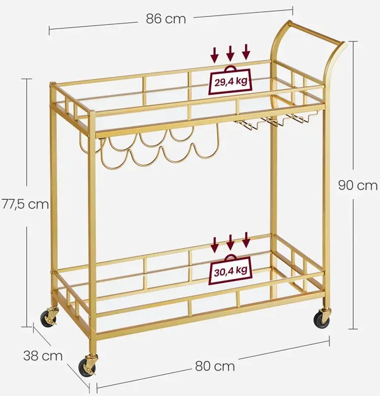Złoty stolik barowy na kółkach z półką na wino P3-H11