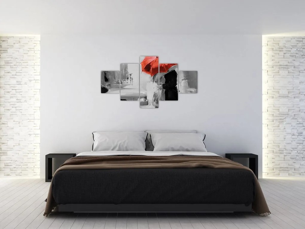 Obraz - Zakochana para pod parasolem, czerwony (125x70 cm)