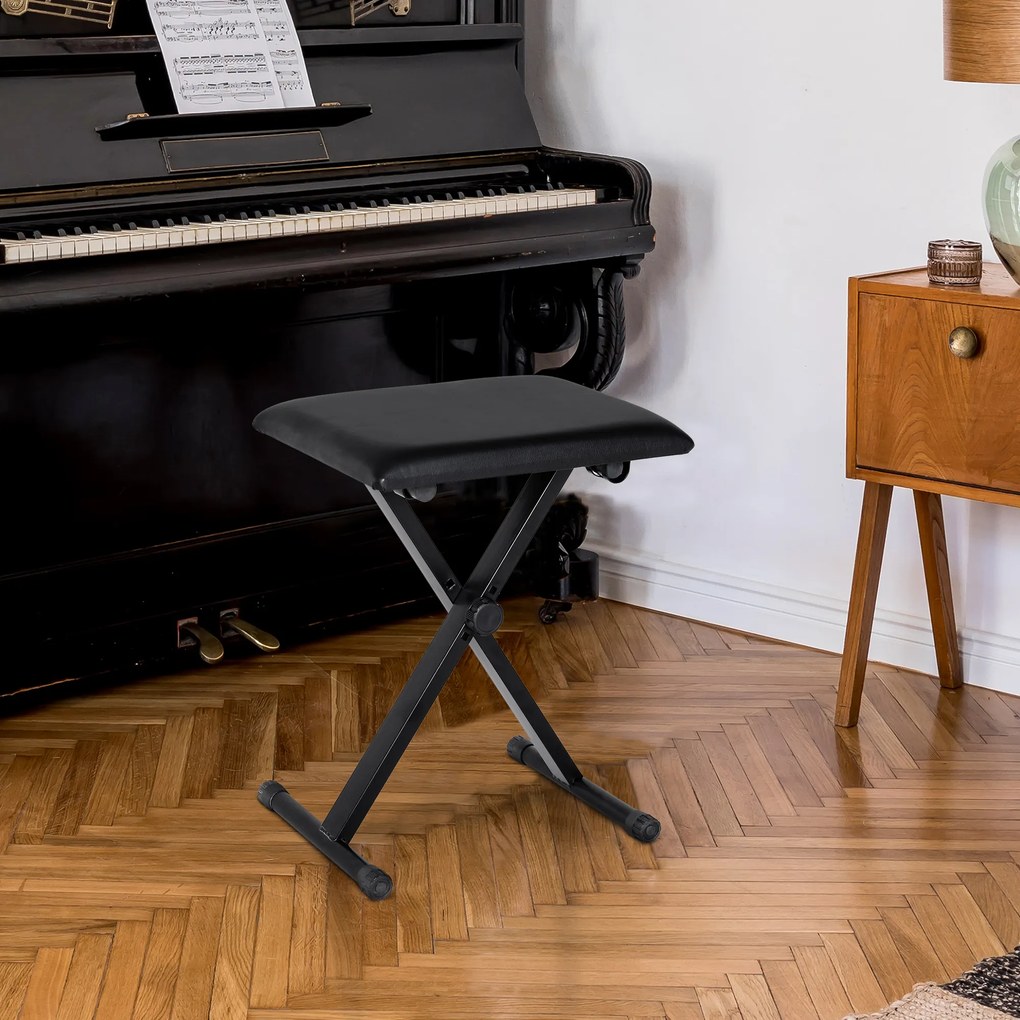 HOMCOM Stołek fortepianowy z regulacją wysokości Składany taboret do pianina Metal Sztuczna skóra Czarny 39 x 29 x 45–51 cm | Aosom PL