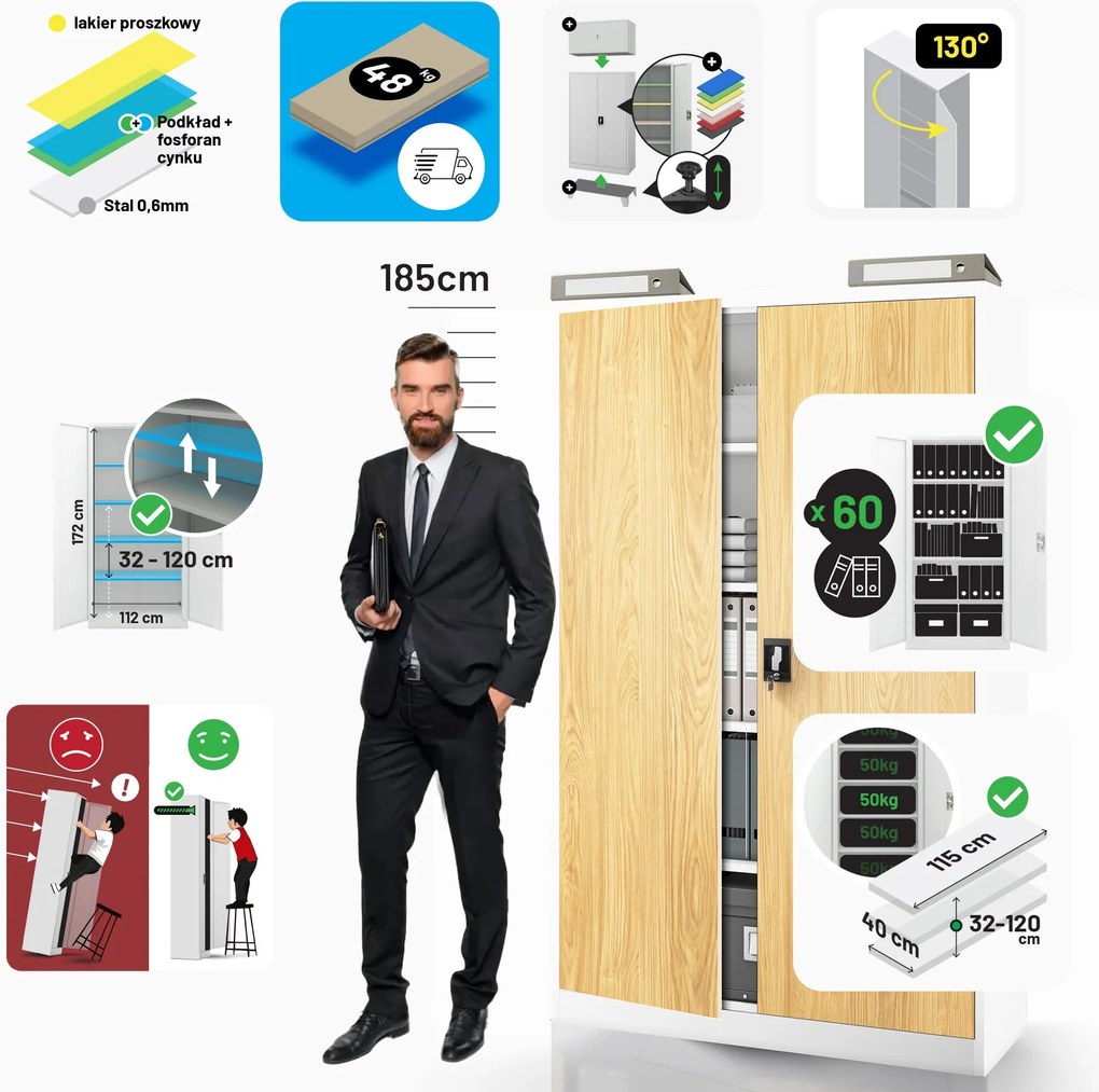 Szafa biurowa metalowa Biały/ Złoty dąb: Eco Design JAN II, 1150 x 1850 x 400 mm