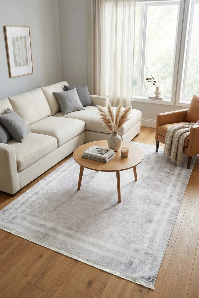 Jasnoszary dywan z ramką do salonu klasycznego K7-C11