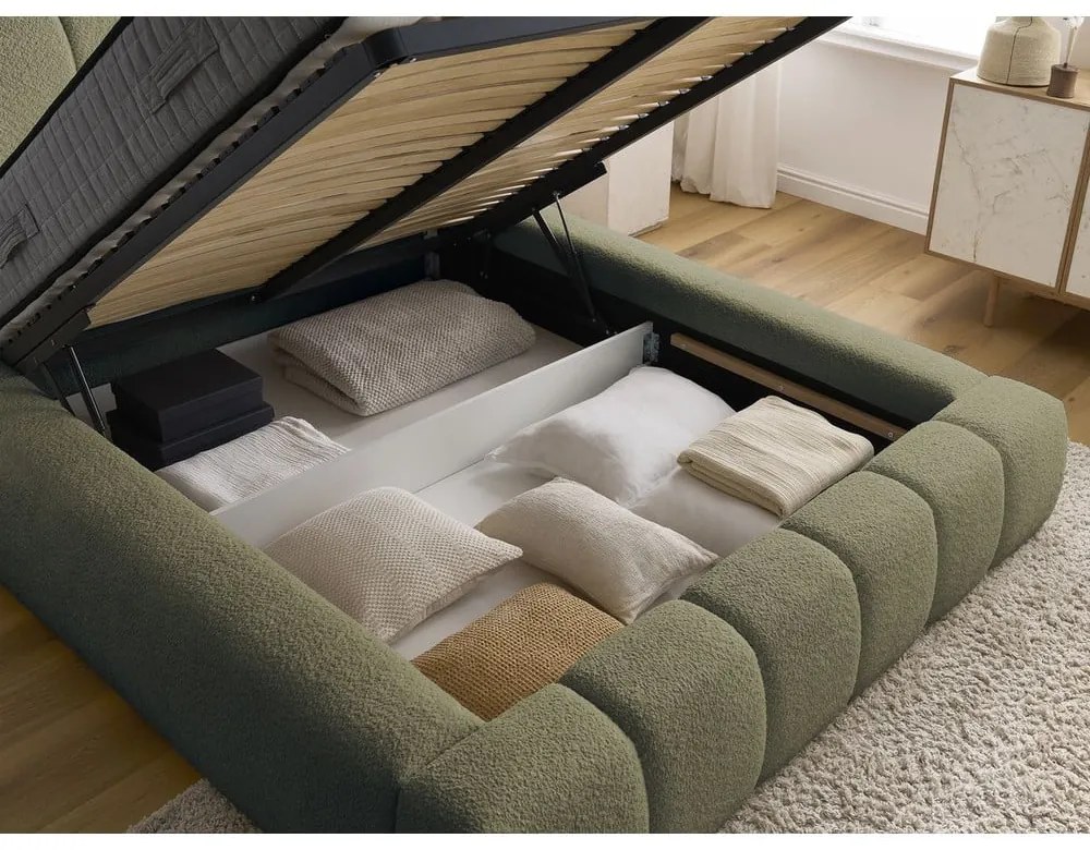 Zielone tapicerowane łóżko dwuosobowe ze schowkiem i stelażem 140x190 cm Denali – Bobochic Paris