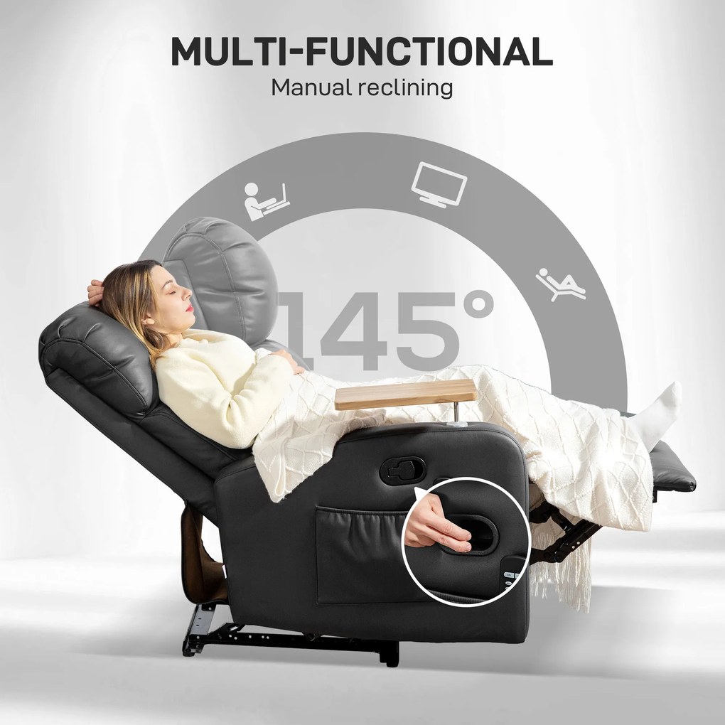 HOMCOM Fotel Masujący Relax z Funkcją Leżenia, 1 Stolik Składany, 1 Podnóżek; 77 cm x 93 cm x 105 cm, Czarny