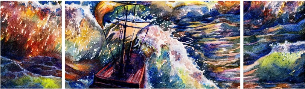 Obraz - Statek na falach oceanu, akwarela (170x50 cm)