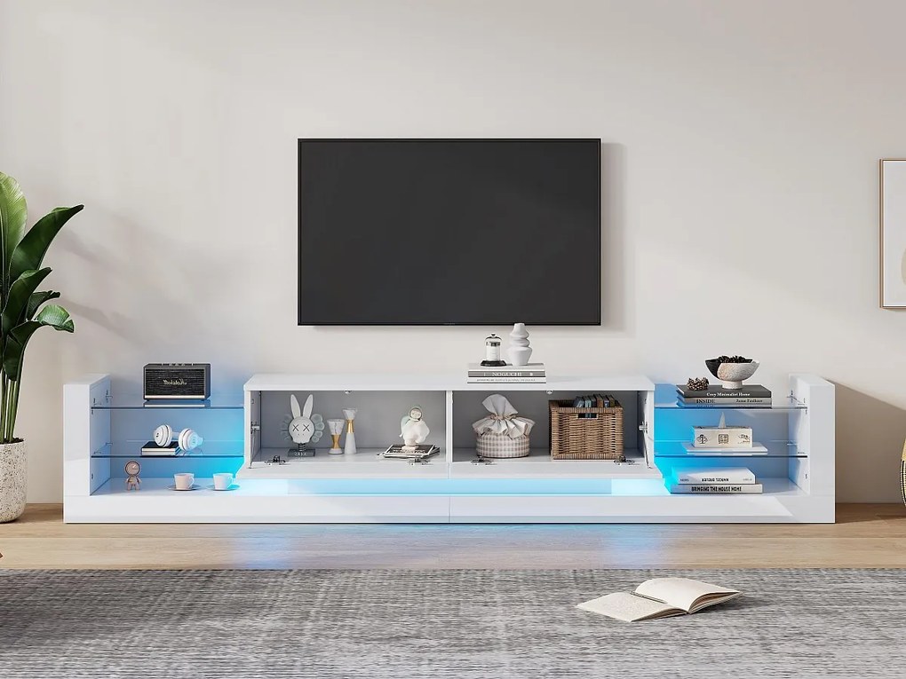 Meble TV z LED - 2 klapy i półki szklane - Biały