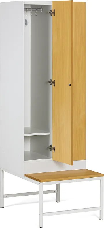 Szafka ubraniowa S1 z ławką, 2-drzwiowa, 1875 x 600 x 500/800 mm, zamek obrotowy, drzwi laminowane, brzoza