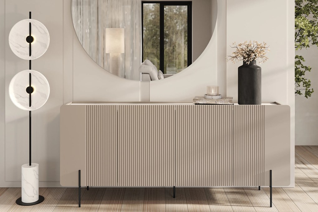 Komoda Malmi 200 cm czterodrzwiowa - kaszmir / crema bianca / czarne nóżki