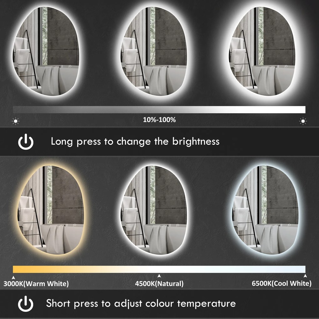 HOMCOM Asymetryczne lustro łazienkowe 70 x 50 cm z oświetleniem LED, dotykowym przełącznikiem, funkcją przeciw zaparowani i srebrnym wykończeniem