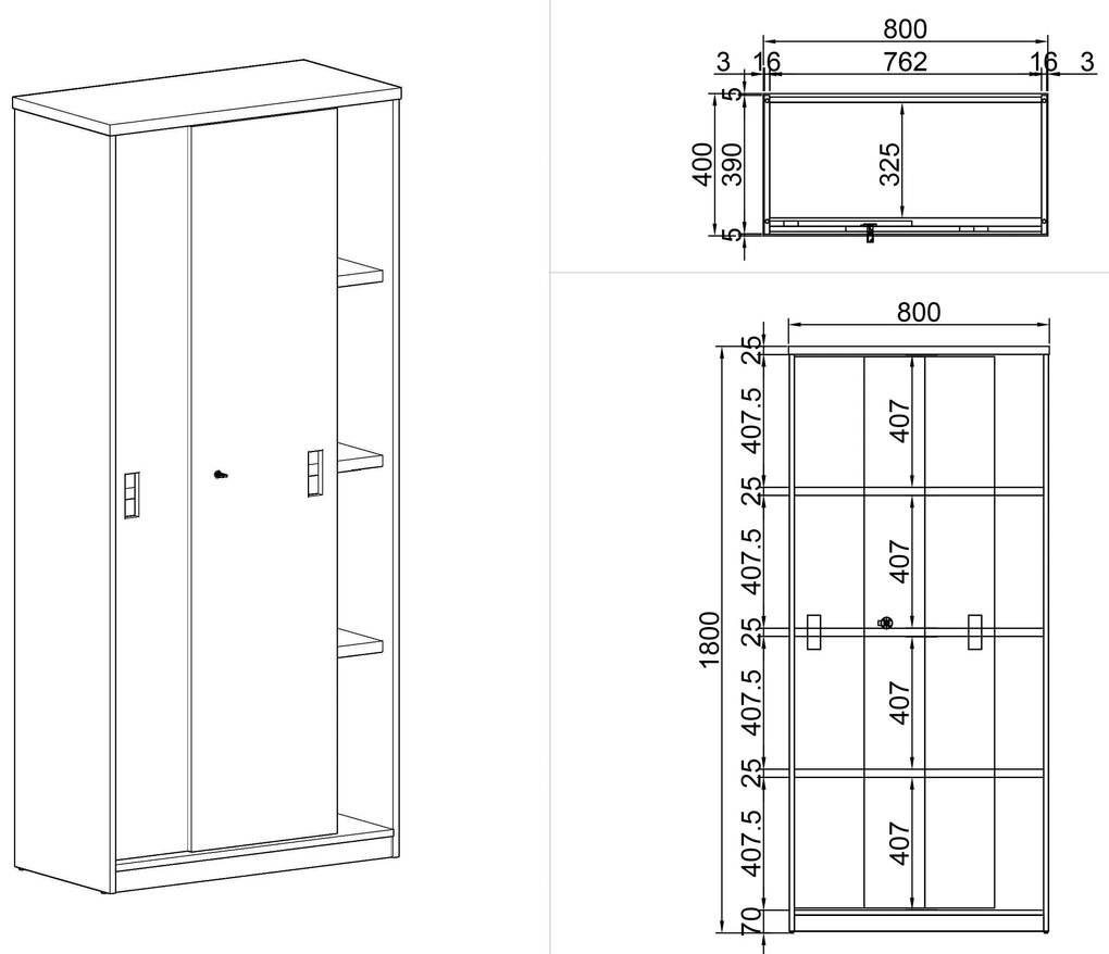Szafa przesuwna MIRELLI, 800 x 400 x 1800 mm, brzoza