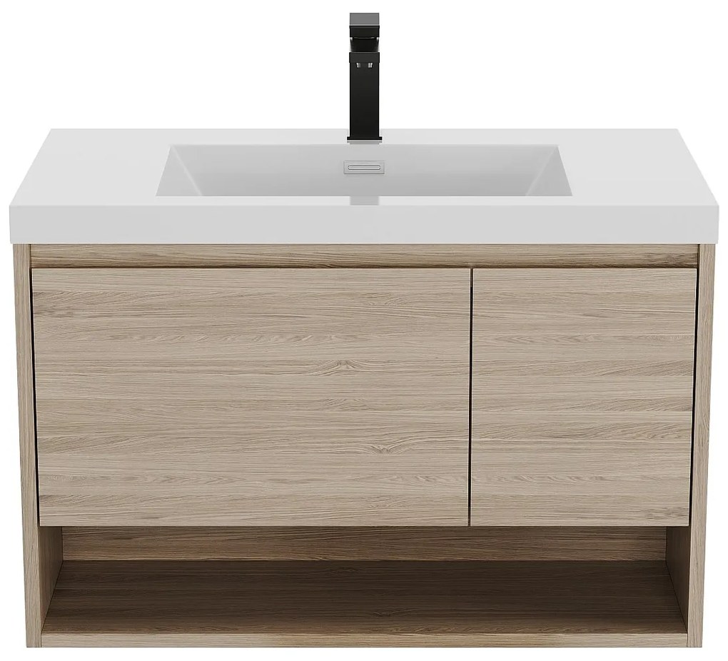 Podwieszana szafka łazienkowa  z pojedynczą umywalką w jasnym naturalnym kolorze z kranem - 90 cm - PUJUKA