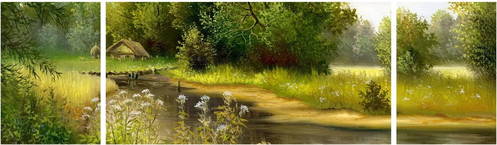 Obraz - Rzeka przy lesie, obraz olejny (170x50 cm)