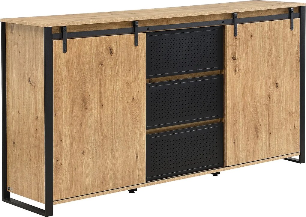 Kredens z 2 przesuwnymi drzwiami i 3 szufladami z MDF i czarnego metalu - Naturalny - BELINARO