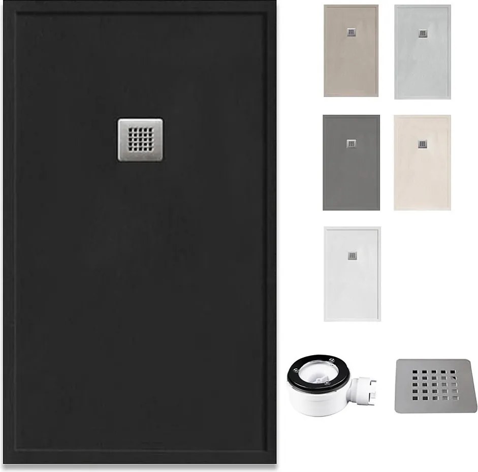 Brodzik żywiczny z rantem, ultracienki i antypoślizgowy z zaworem i kratką | Tekstura kamienia | Antracyt | 80 X 170 cm