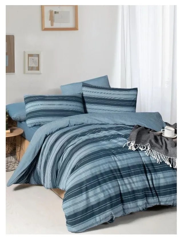 Niebieska 4-częściowa pościel dwuosobowa z prześcieradłem 200x220 cm Stripes – Mila Home