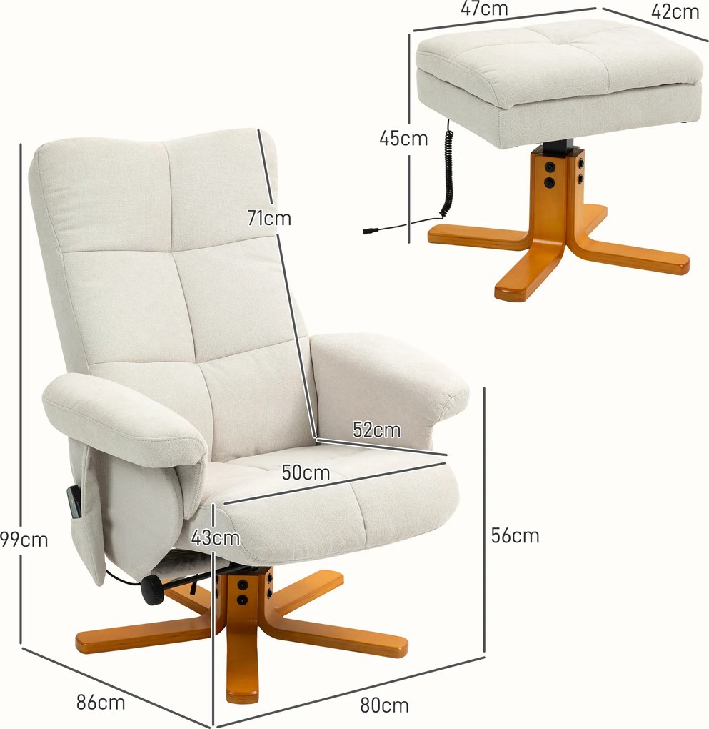 HOMCOM Fotel masujący z funkcją leżenia i podnóżkiem, nachylenie do 145°, Poliester, 80 x 86 x 99 cm, Kremowy
