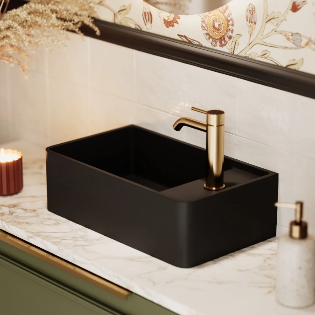 Umywalka z kamienia syntetycznego nablatowa / wisząca prostokątna czarna 43 cm x 25 cm EVELIA Black : Otwór na baterię - Tak, Typ montażu - nablatowa