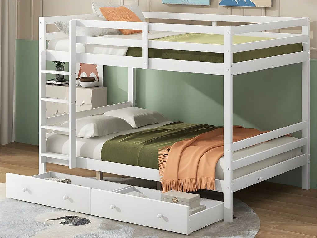 Łóżko piętrowe drewniane z szufladami i drabinką - 140x200cm - Białe