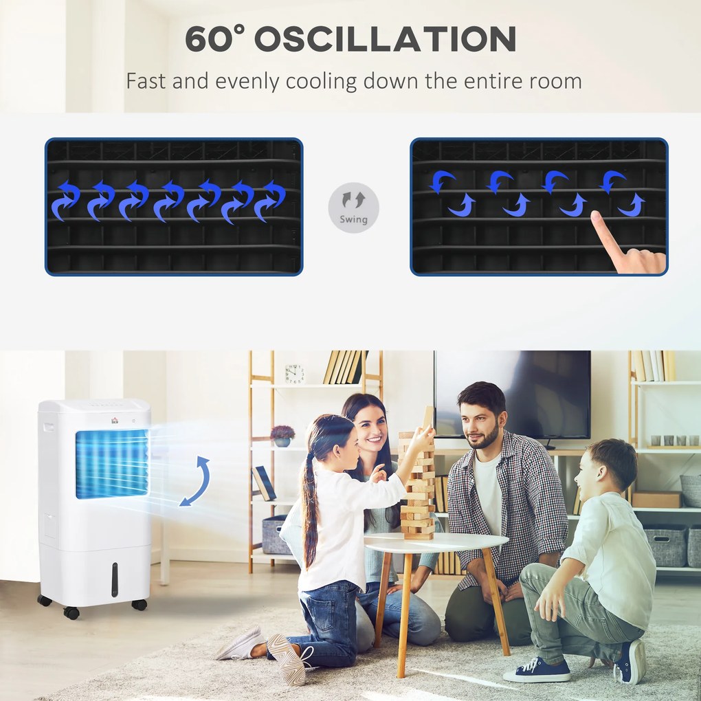 HOMCOM Chłodziarka powietrza, Klimatyzacja, 3 tryby, Timer 7,5 godz., na kółkach, Plastik, Biała