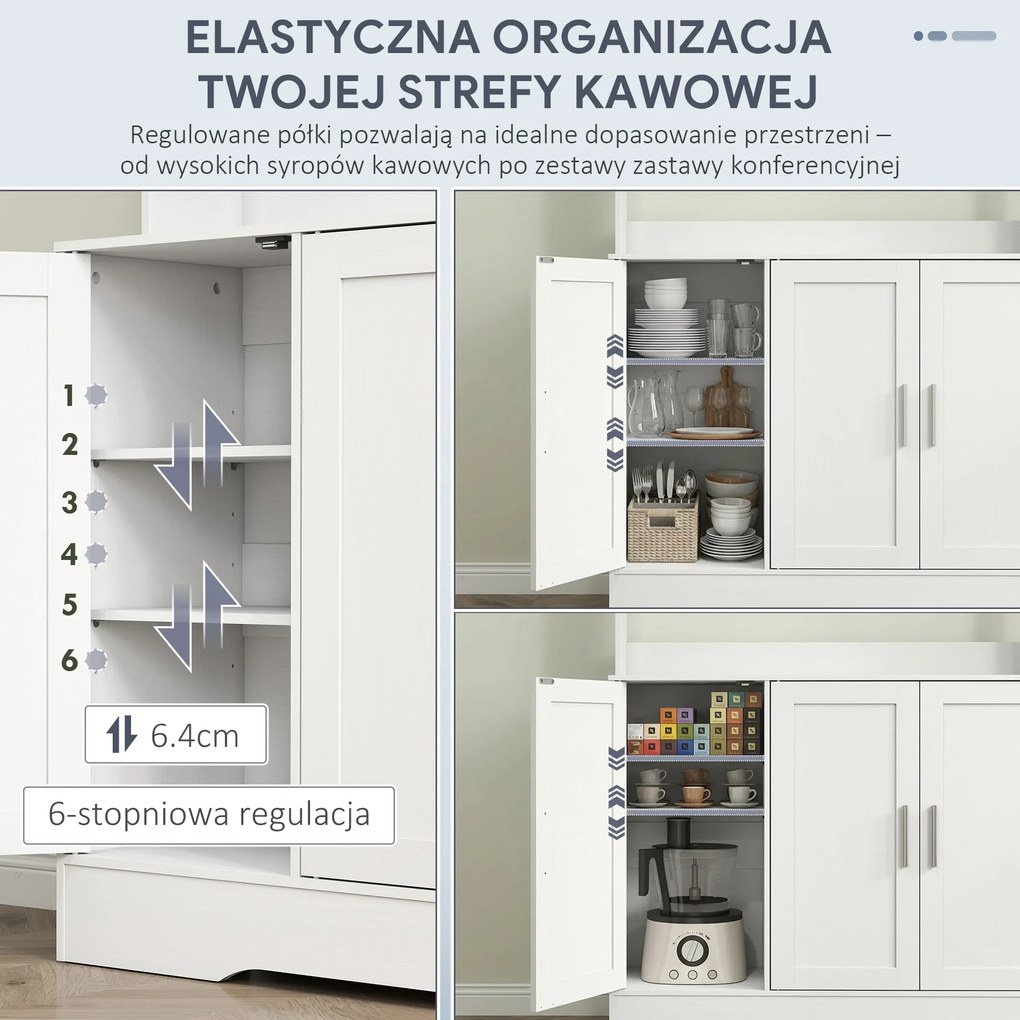 HOMCOM Szafka kuchenna, Design skandynawski, 4 szafki, Regulowane półki, Drzwi ze szkła, Otwarta przestrzeń, Płyta wiórowa, MDF, Biały