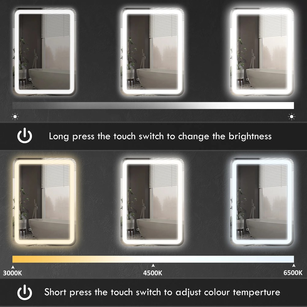 HOMCOM Lustro łazienkowe, podświetlane, sterowanie dotykowe, przeciwmgielne, ściemnialne, 3 kolory światła, 70x90, srebrne