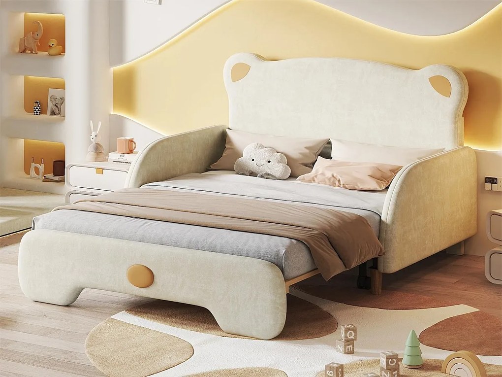 łóżko dziecięce tapicerowane 140x200cm z weluru - łóżko wysuwane z wezgłowiem w kształcie misia i stelażem na listwy - Beżowe