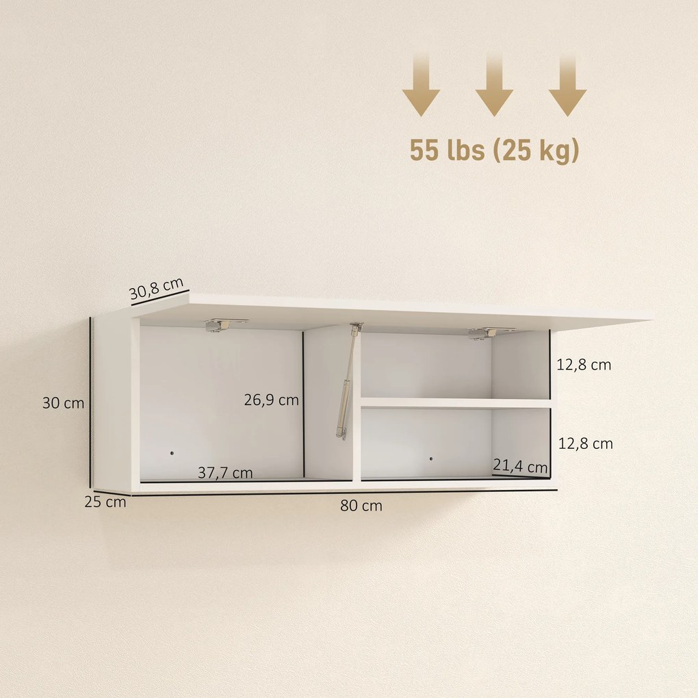 HOMCOM Szafka łazienkowa wisząca z unoszonymi drzwiami, siłownik gazowy, półka 80 x 25 x 30 cm biały