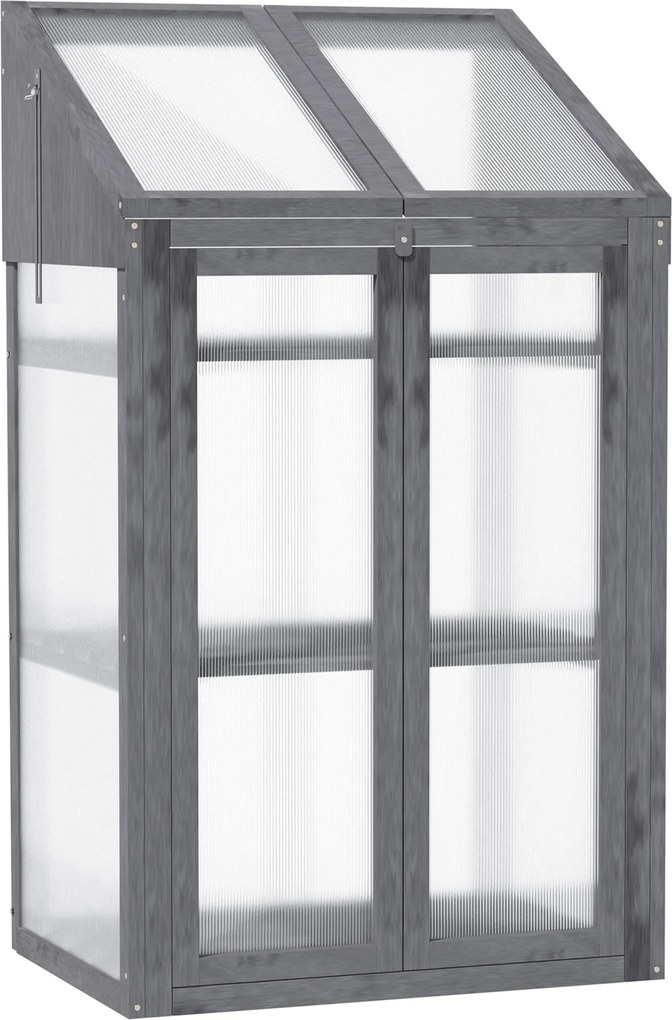 Outsunny Mini Szklarnia z Drewna, Mała Szklarnia z Oknami i Podwójnymi Drzwiami, 3 Półki, 70Dł x 50Szer x 120Wys cm, Szara