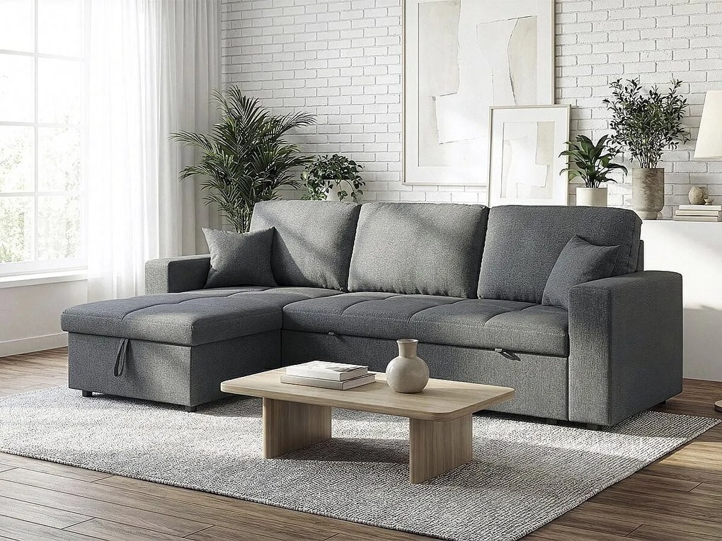 Rozkładana sofa narożna 3-osobowa "Alain" szara - odwracany narożnik, wbudowany schowek, wygodny styl bubble